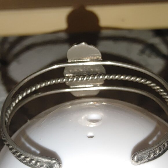 Vintage Silver Tone Cuff Bracelet Ornate Mother Of Pearl Inlay Twisted Rope Desi - Picture 11 of 12